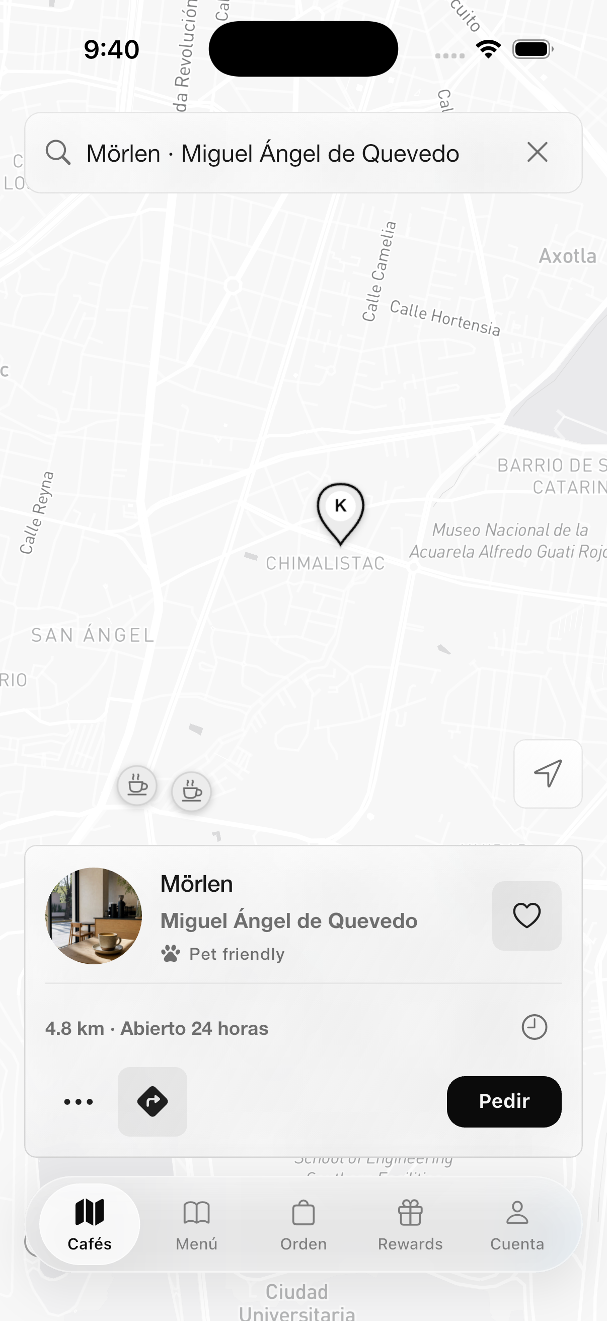 Mapa de cafeterías cercanas en la app Kaffe