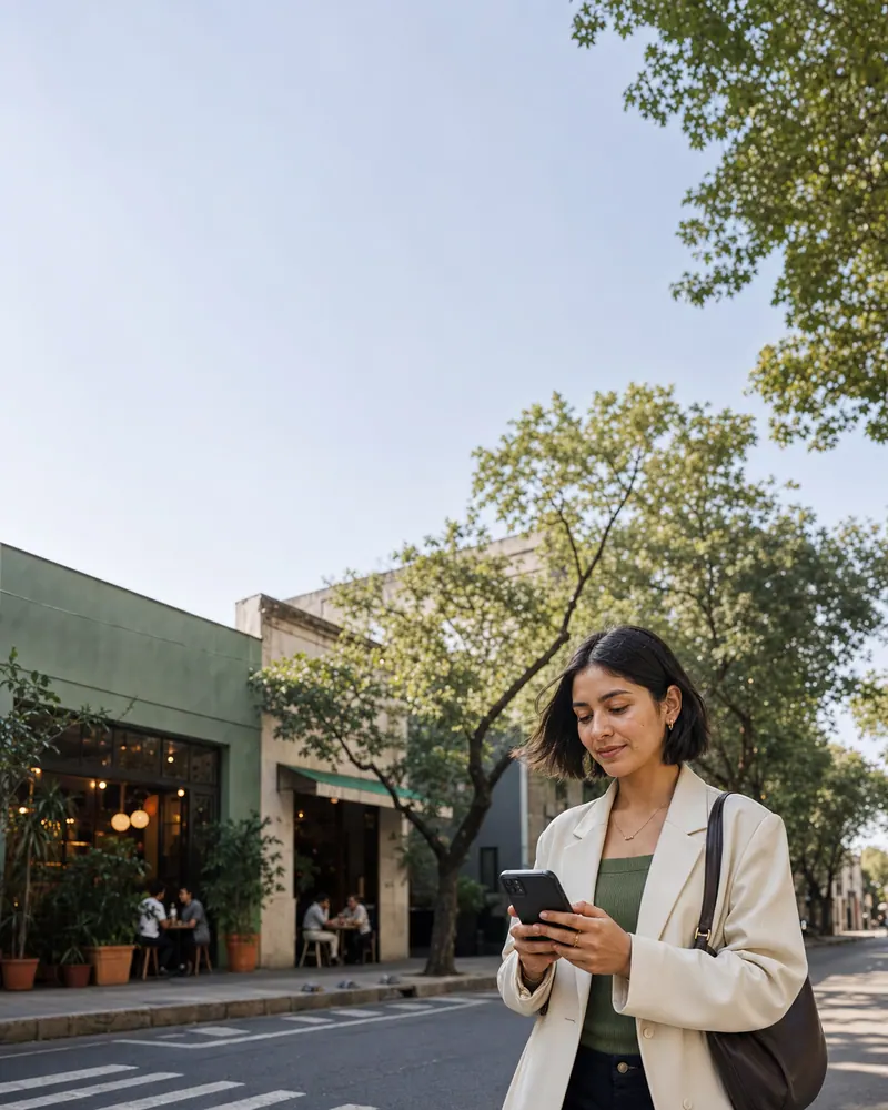 Mujer consulta su teléfono en una calle arbolada con cafeterías