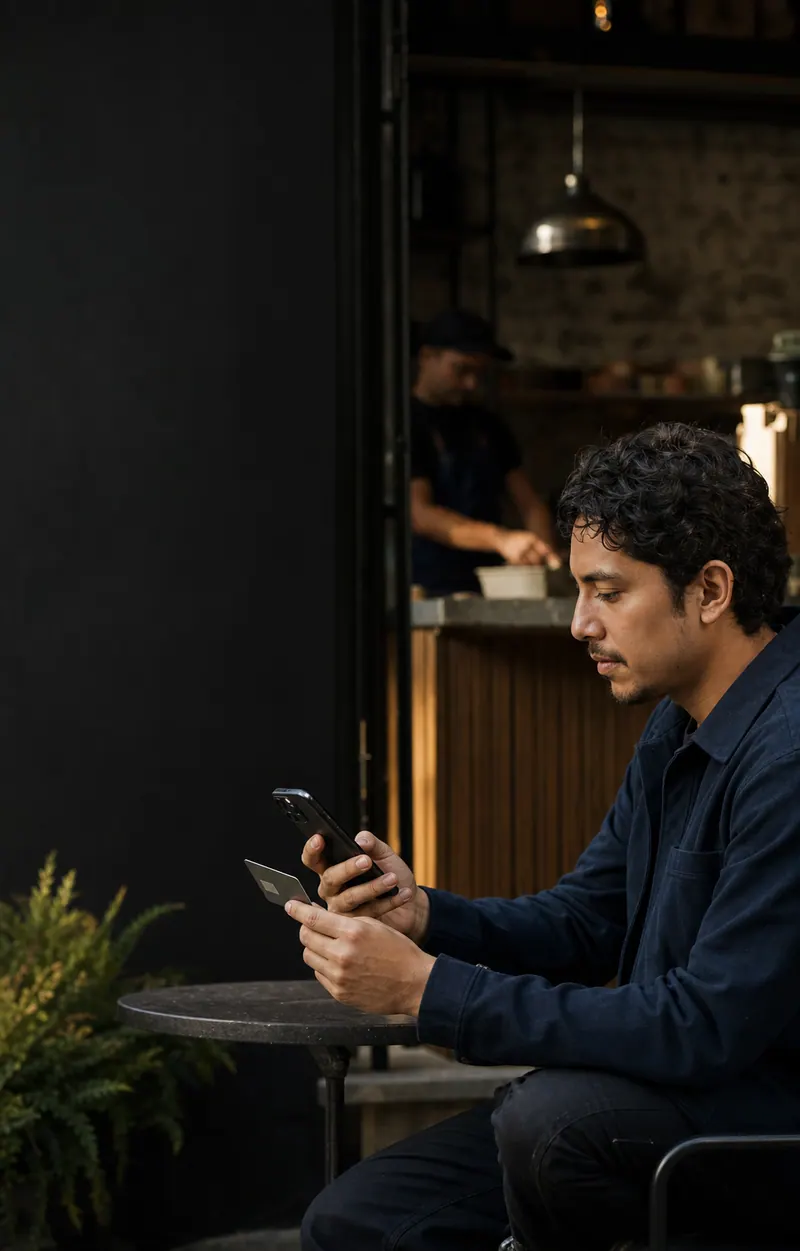 Cliente consulta su teléfono con una tarjeta en la mano, sentado junto a una cafetería