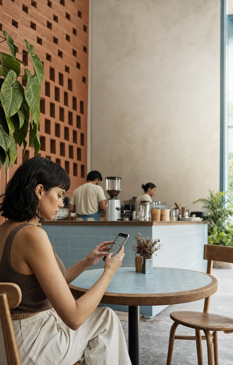 Clienta consulta el menú en su teléfono mientras disfruta de una cafetería