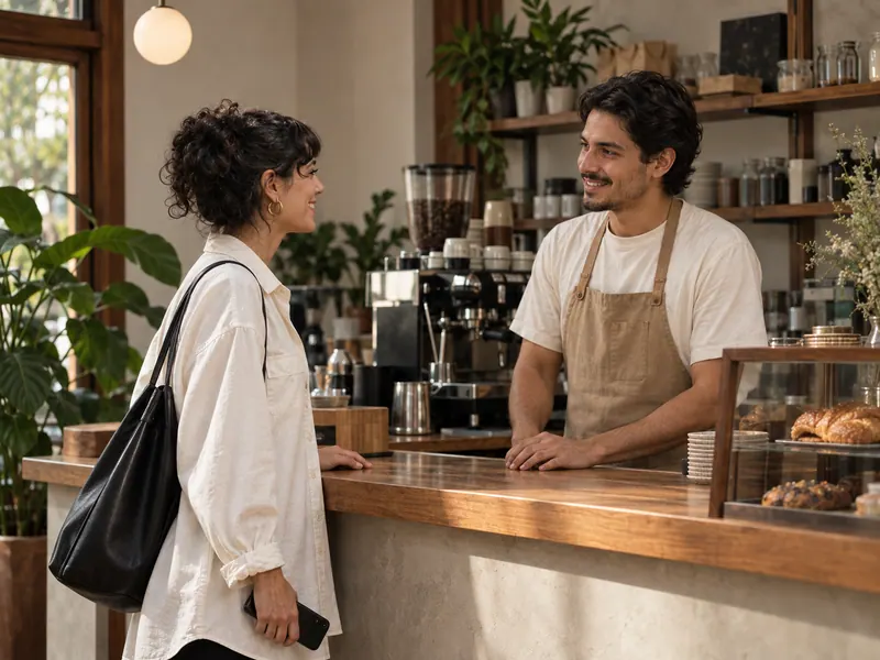 Clienta y barista se miran y sonríen al saludarse frente al mostrador de una cafetería