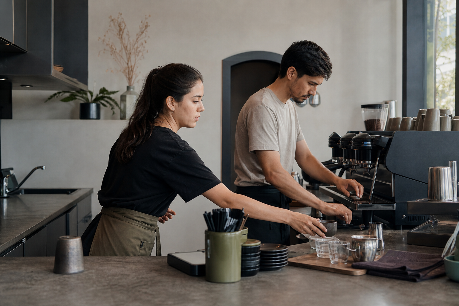 Equipo de cafetería operando durante el servicio